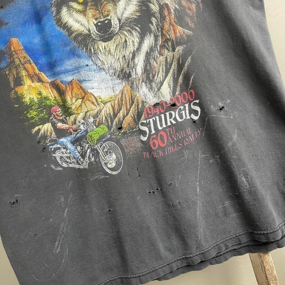 Vintage 2000 Sturgis Wolf Faded Biker Motorcycle Thrashed T Shirt Large - Picture 2 of 8